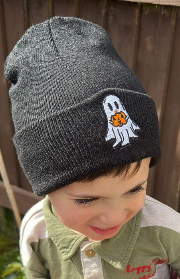 Kids Ghost Beanie Hat, Ghost Pumpkin Beanie, Autumn Hat, Cozy Beanie for Kids, Unisex Kids Hat