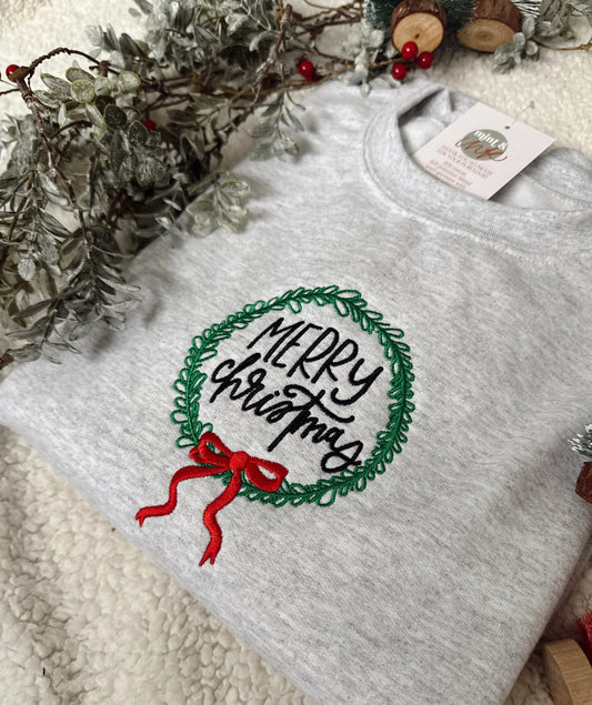Merry Christmas Jumper, Christmas Jumper, Christmas Wreath, Bow Jumper, Pink Christmas Jumper, Gray Christmas Jumper, Fleece Lined Jumper