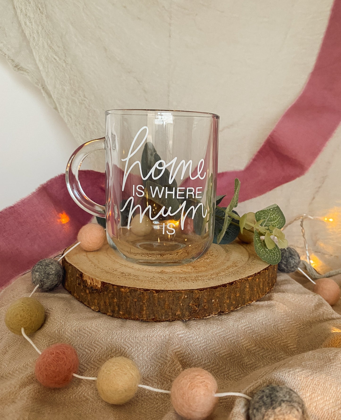 Home Is Where Mum Is, Mothers Day Mug, Glass Coffee Mug, Hand Lettered Mug