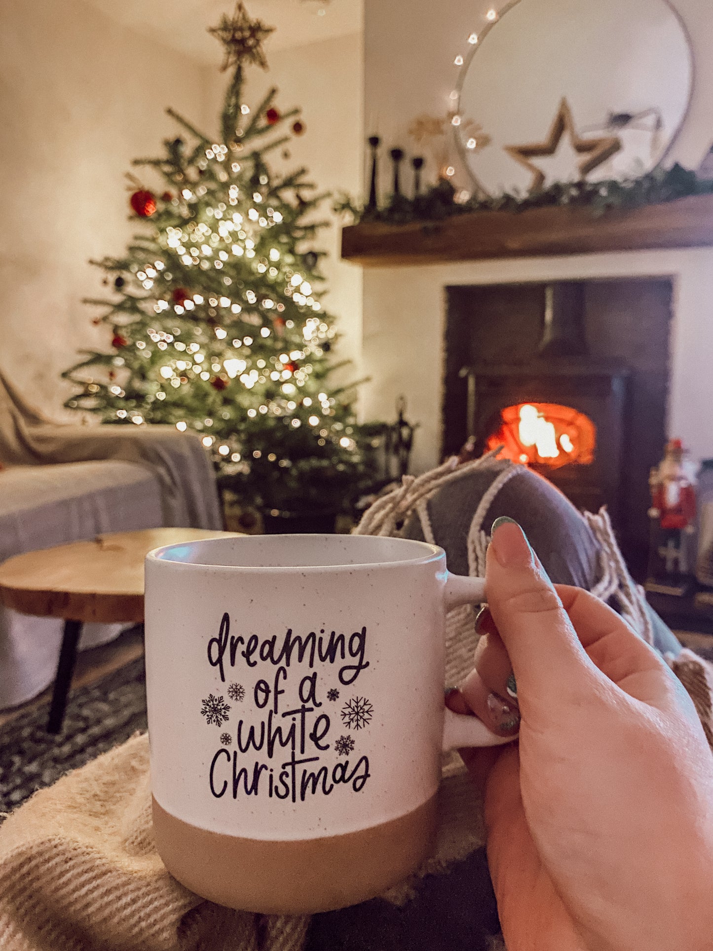 Christmas mug, hand lettered with quote saying Walking In A Winter Wonderland