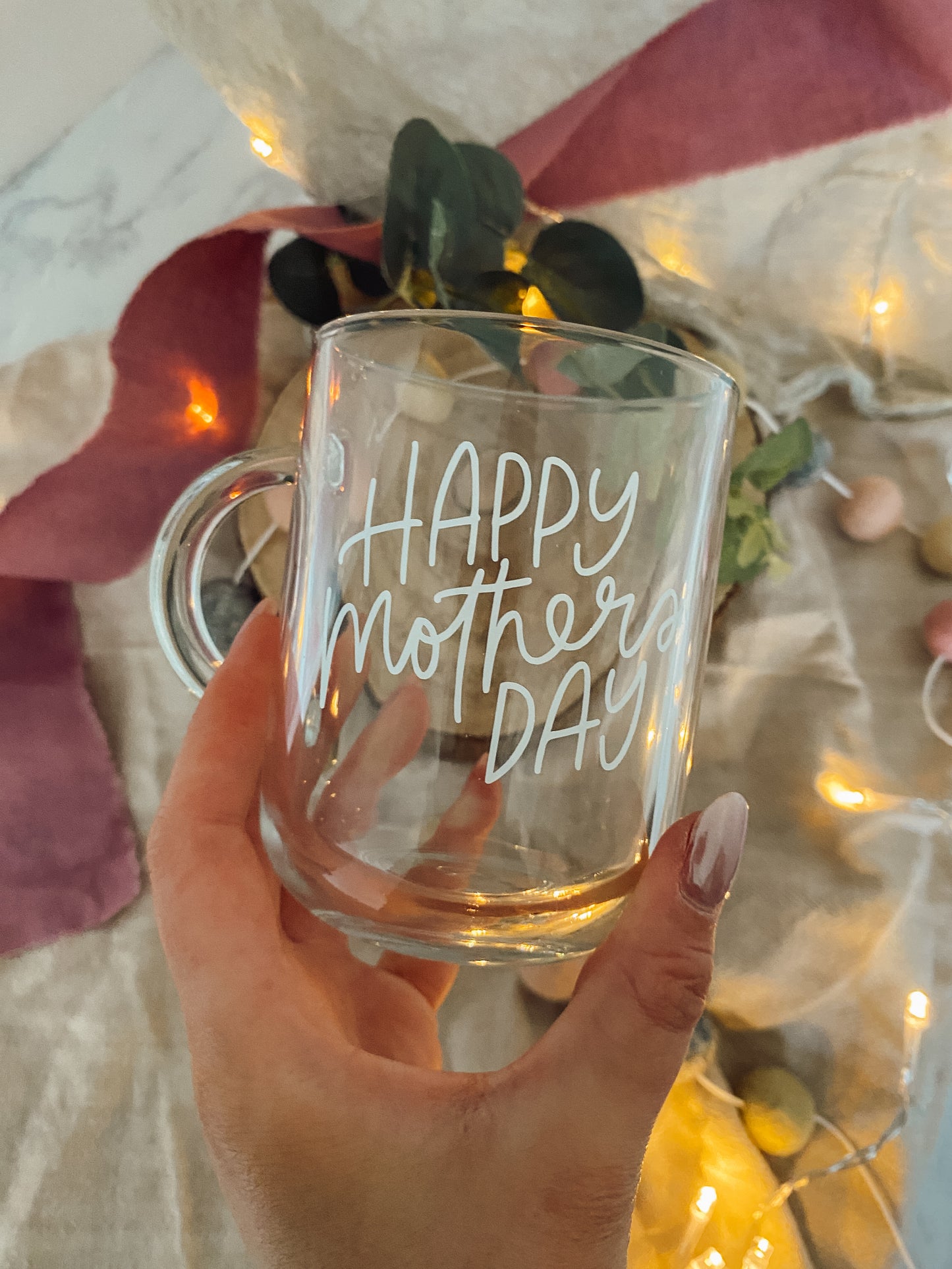 Happy Mothers Day Mug, Glass Mug, Hand Lettered Mug