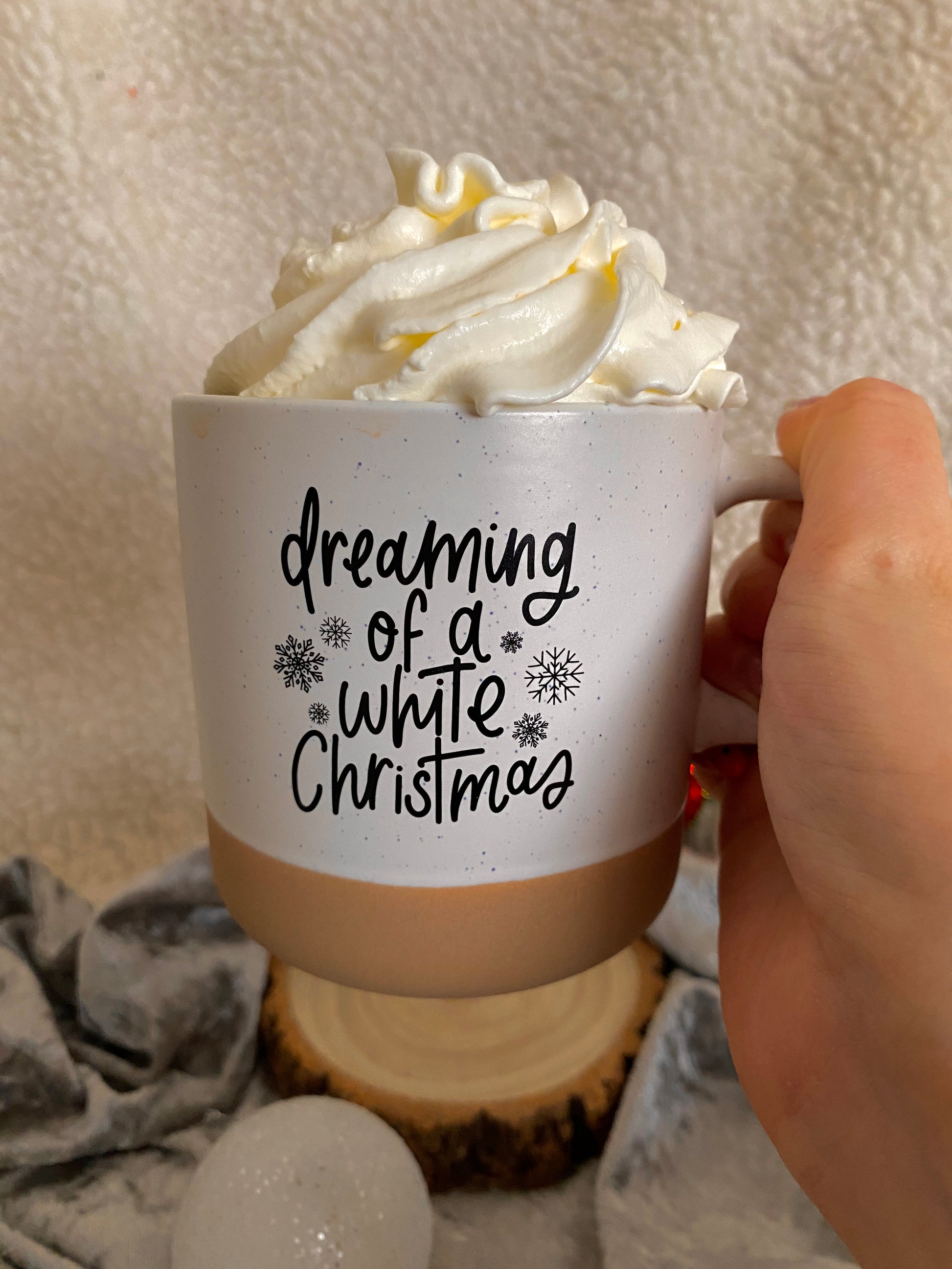 Christmas mug, hand lettered with quote saying Walking In A Winter Wonderland