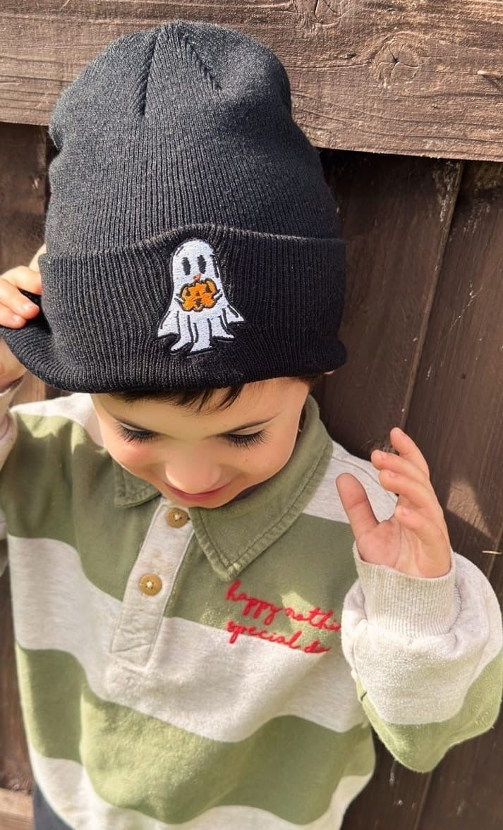 Kids Ghost Beanie Hat, Ghost Pumpkin Beanie, Autumn Hat, Cozy Beanie for Kids, Unisex Kids Hat