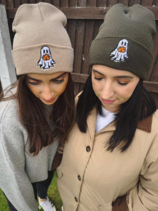 Ghost Beanie, Pumpkin Ghost Beanie, Unisex Beanie, Autumn Beanie, Halloween Ghost, Beige Hat, Green Hat