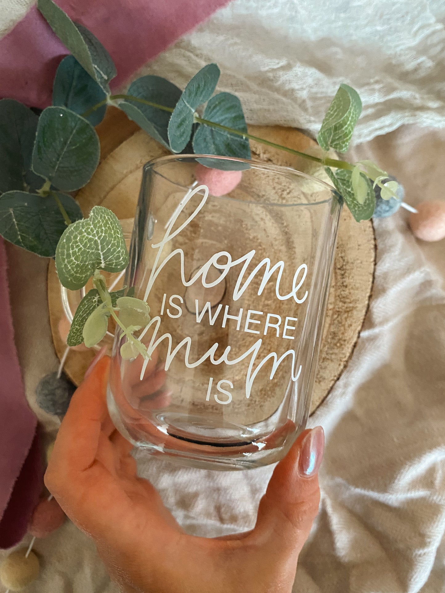 Home Is Where Mum Is, Mothers Day Mug, Glass Coffee Mug, Hand Lettered Mug