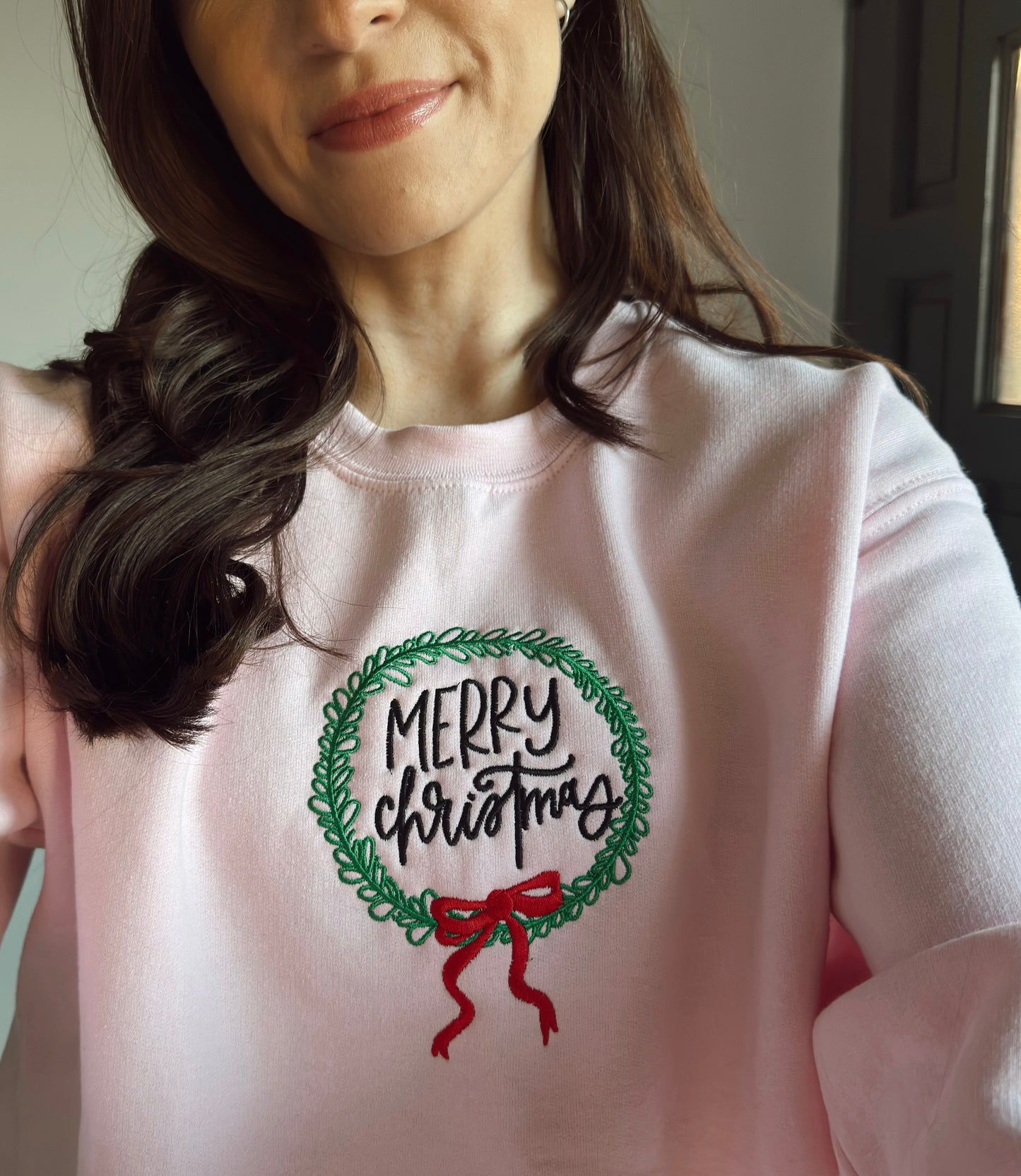 Merry Christmas Jumper, Christmas Jumper, Christmas Wreath, Bow Jumper, Pink Christmas Jumper, Gray Christmas Jumper, Fleece Lined Jumper