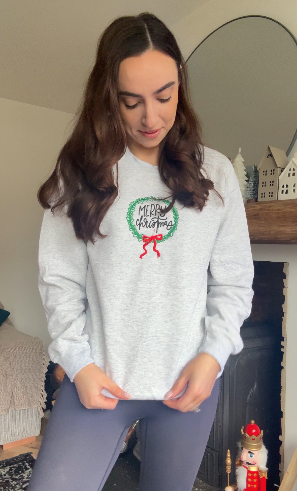 Merry Christmas Jumper, Christmas Jumper, Christmas Wreath, Bow Jumper, Pink Christmas Jumper, Gray Christmas Jumper, Fleece Lined Jumper