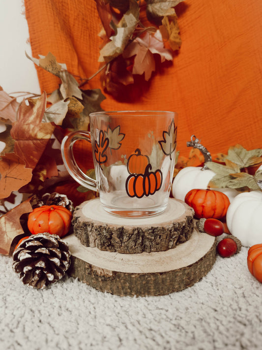 Autumn Glass Mug, Pumpkin Mug, Leaf Mug, Coffee Mug