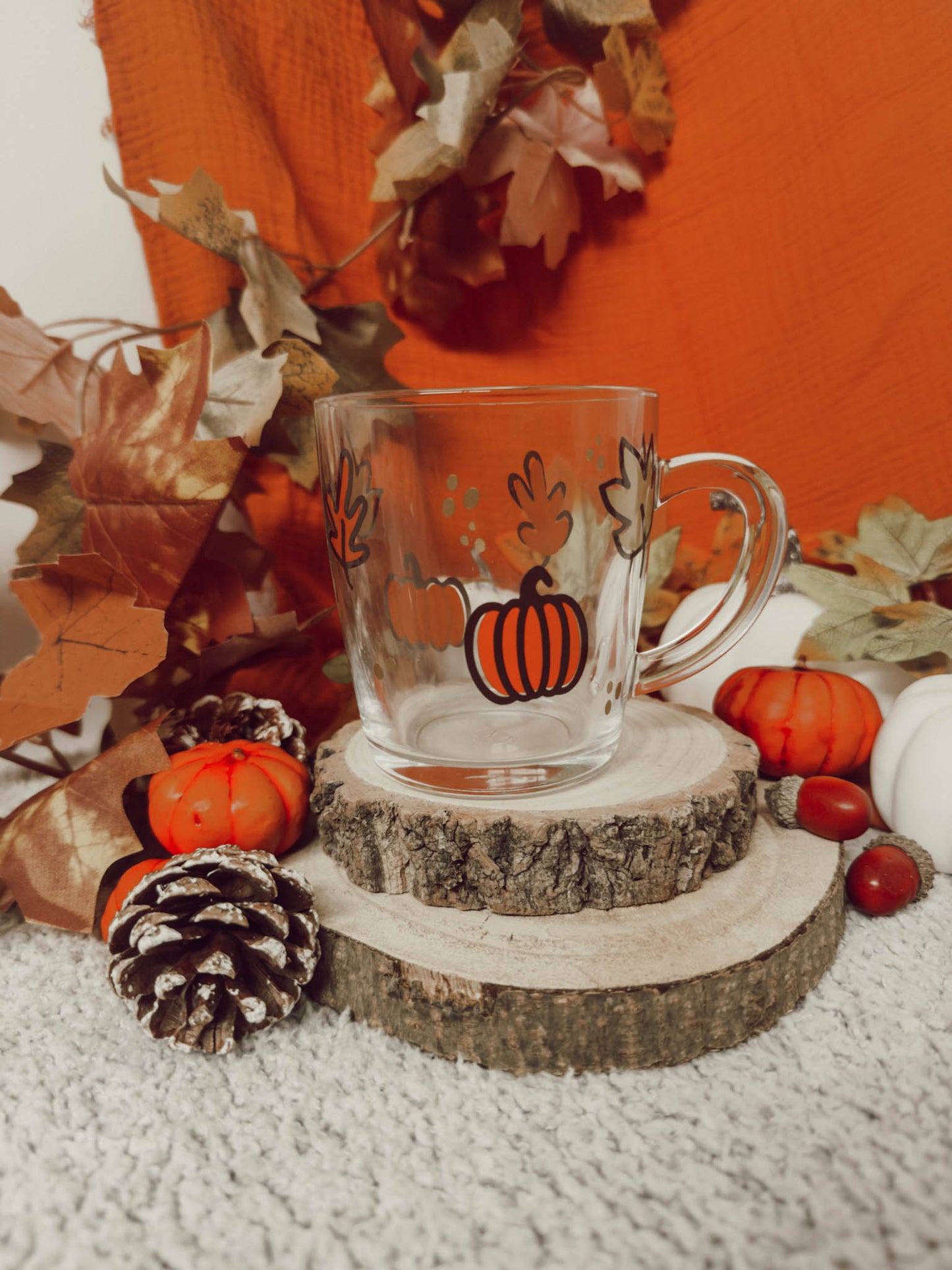 Autumn Glass Mug, Pumpkin Mug, Leaf Mug, Coffee Mug