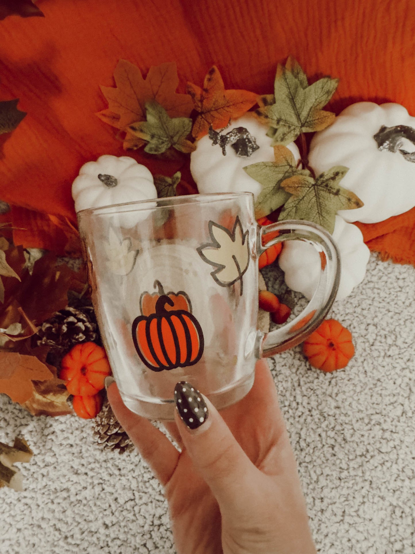 Autumn Glass Mug, Pumpkin Mug, Leaf Mug, Coffee Mug