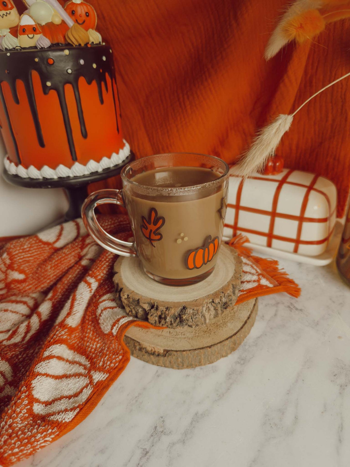 Autumn Glass Mug, Pumpkin Mug, Leaf Mug, Coffee Mug