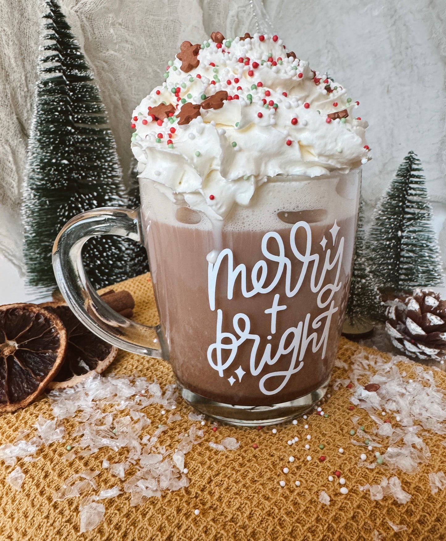 Merry and Bright Mug, Glass Mug, Coffee Mug, Hand Lettered Mug