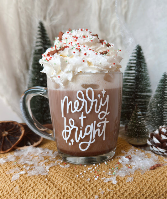 Merry and Bright Mug, Glass Mug, Coffee Mug, Hand Lettered Mug